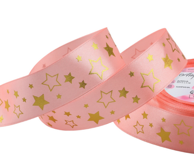 Лента Атласная с рисунком 25мм*18ярд Звёзды Розово-Золотая