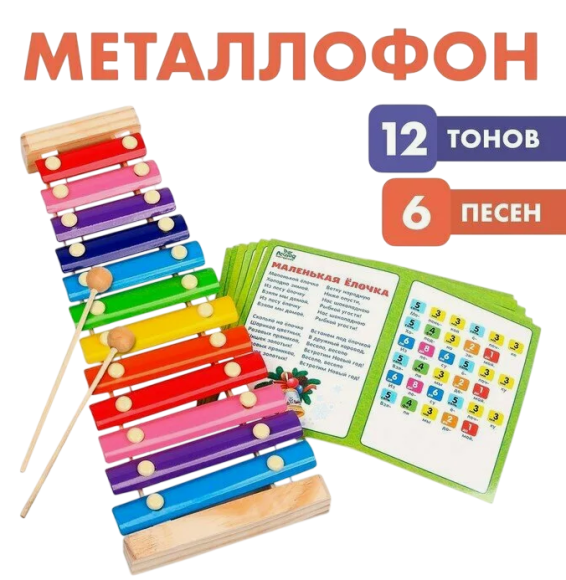 Металлофон Весёлые песни 12 тонов (карточки с песнями) Арт-3575109