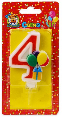 Свеча Цифра 4 Веселый праздник красная 5918