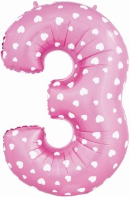 Шар ЦИФРА фольгированный № 3 40"102см Сердечки розовый