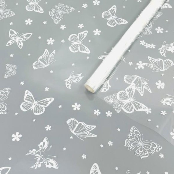 Пленка прозрачная с рисунком Летящие Бабочки Белая 70см/200гр Пленка прозрачная с рисунком Летящие Бабочки Белая 70см/200гр
