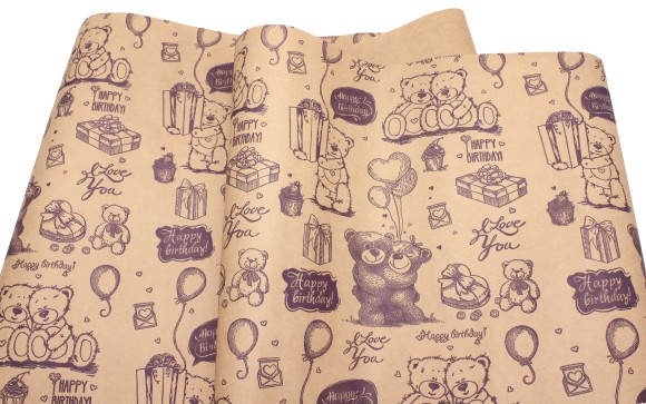 Бумага крафт Европа мишки темно-фиолетовый на коричневом 70см*8,5