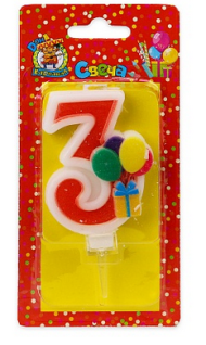 Свеча Цифра 3 Веселый праздник красная 5917