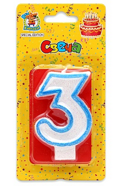 Свеча Цифра 3 Синяя окантовка с блестками 1101