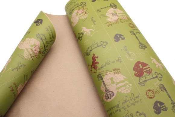 Бумага крафт Купидон салатовый/красный/черный на коричневом 700мм