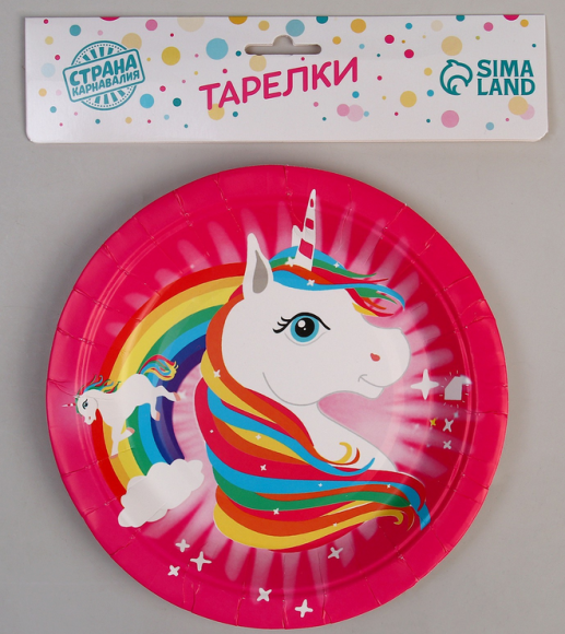 Тарелка бумажная Единорог и радуга (1уп/6шт) D-18см Арт-3678345