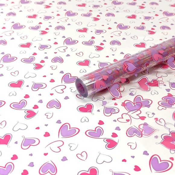 Пленка прозрачная с рисунком Сердечки-2 Розово-Сиреневая 70см/200гр Пленка прозрачная с рисунком Сердечки-2 Розово-Сиреневая 70см/200гр